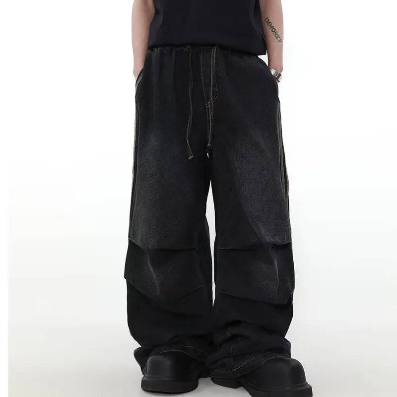 Men Elastic Waist Striped Pleated Baggy Jeans Washed Black Wide Leg