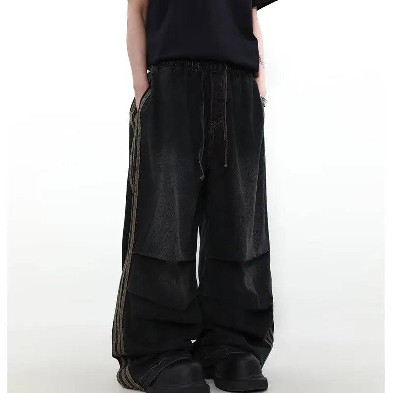 Men Elastic Waist Striped Pleated Baggy Jeans Washed Black Wide Leg