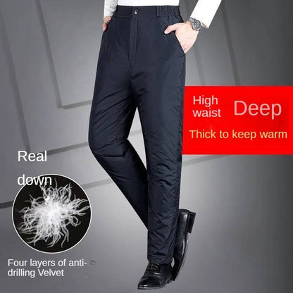 Men's Thickened Down Winter Windproof Warm Straight Cotton Wadded Pants Elastic Waist Fleece-lined Outside Clothing