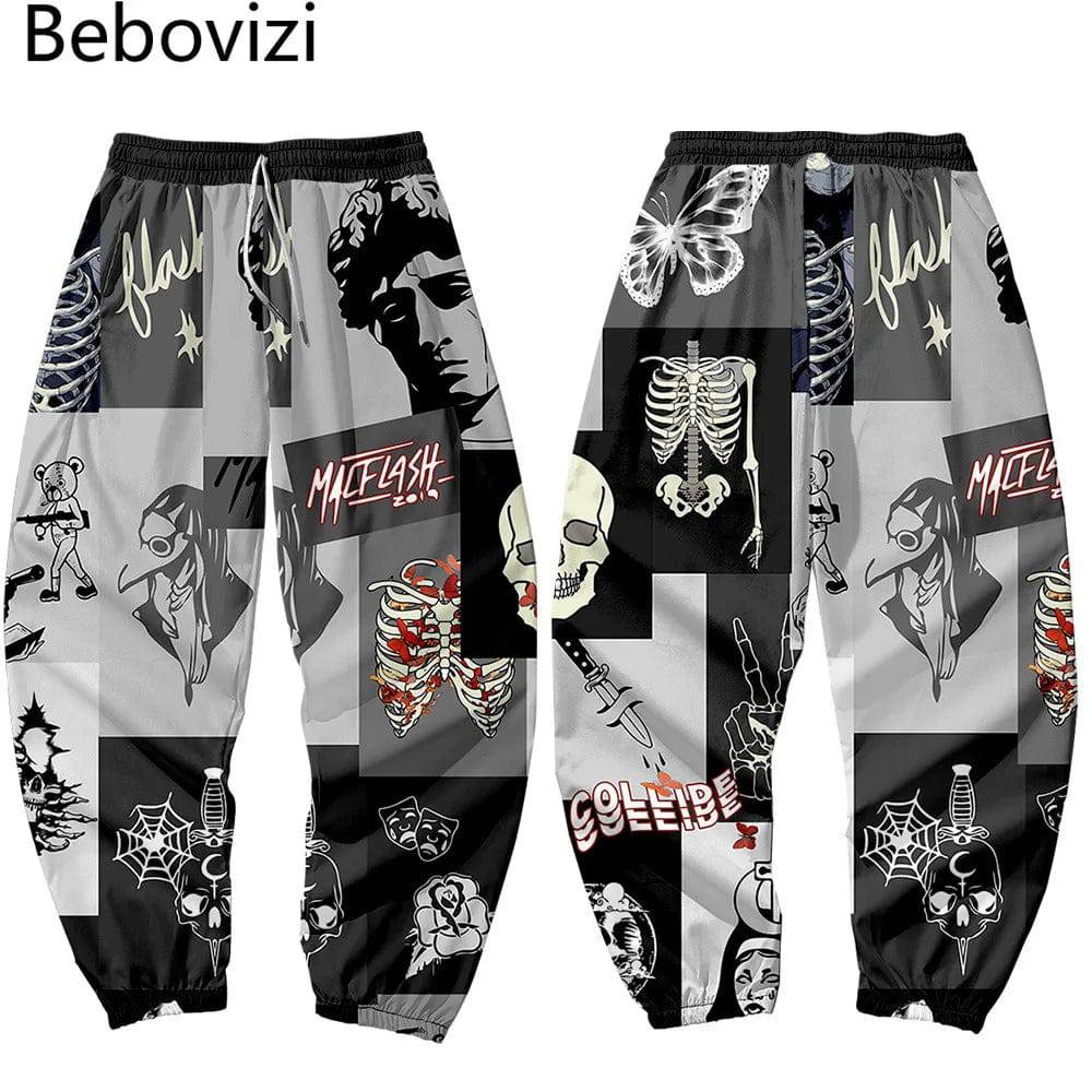 Men Hip Hop Skeleton Sweatpants Multi Pocket Long Cargo Pants