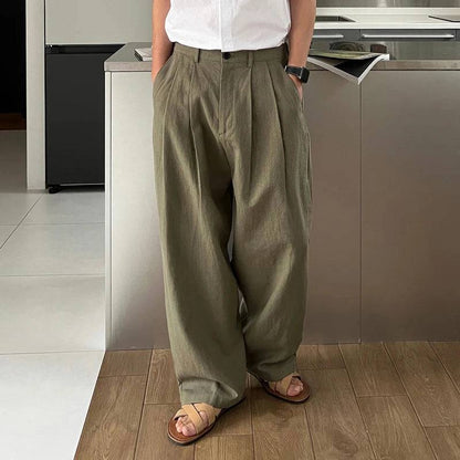 Men's Linen Wide Leg Pants Leisure Button-down Sweatpants