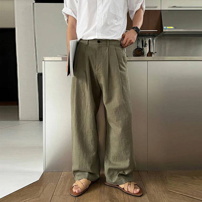 Men's Linen Wide Leg Pants Leisure Button-down Sweatpants