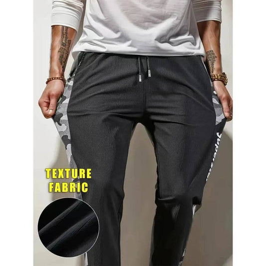 Men's Letter Print Drawstring Sweatpants Camouflage Texture Fabric Breathable Loose Fit Casual Joggers For Spring Summer Running