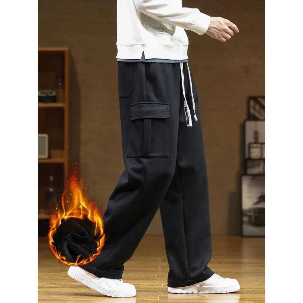 Winter Fleece Sweatpants Men Multi-Pockets Thick Warm Knit Cargo Pants Wide Leg Cotton Straight Sports Trousers Big Size 8XL