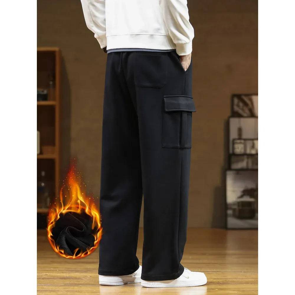 Winter Fleece Sweatpants Men Multi-Pockets Thick Warm Knit Cargo Pants Wide Leg Cotton Straight Sports Trousers Big Size 8XL