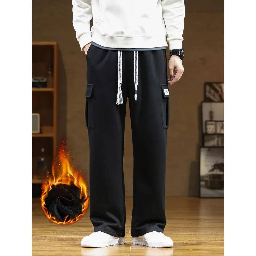 Winter Fleece Sweatpants Men Multi-Pockets Thick Warm Knit Cargo Pants Wide Leg Cotton Straight Sports Trousers Big Size 8XL