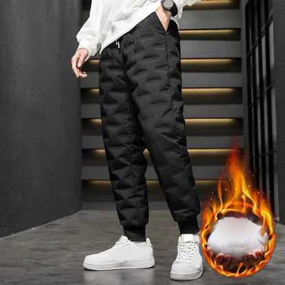 Drawstring Waist Winter Pants Elastic Waist Men Winter Trousers Thickened White Duck Down Padded Joggers Warm Winter Sweatpants