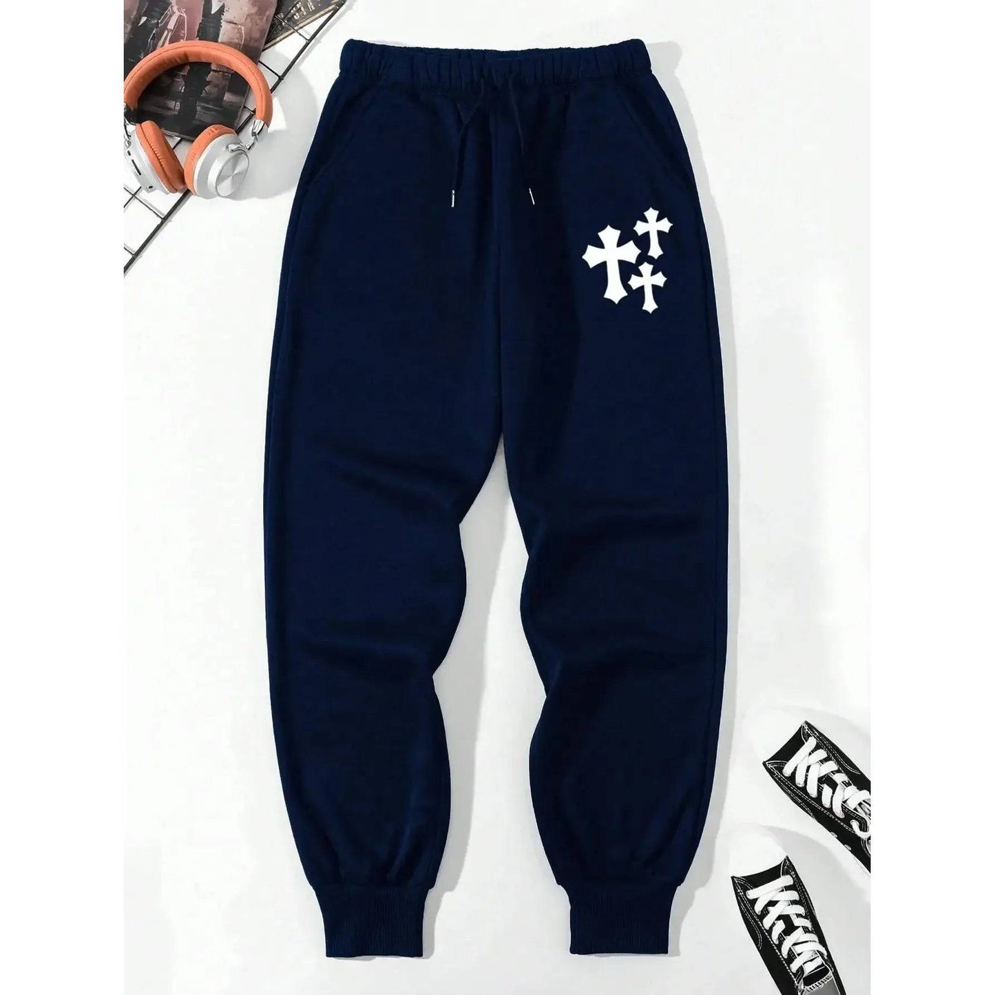 Cross print casual basic pants baggy  pants with drawstring pocket - Xmaker