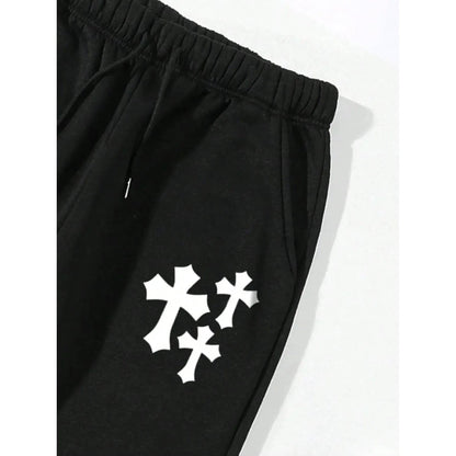 Cross print casual basic pants baggy  pants with drawstring pocket - Xmaker