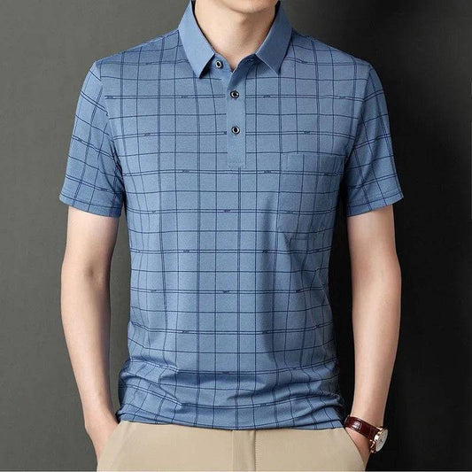 Business Casual Men Smooth Plaid Polo Shirts Short Sleeve