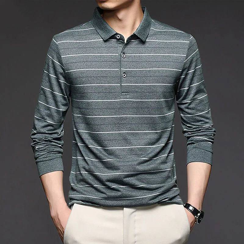 Men Striped Polo Shirts Long Sleeve Business Basic Casual Loose Tops