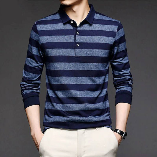 Men Striped Polo Shirts Long Sleeve Business Basic Casual Loose Tops