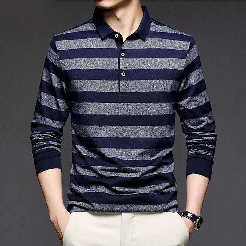 Men Striped Polo Shirts Long Sleeve Business Basic Casual Loose Tops