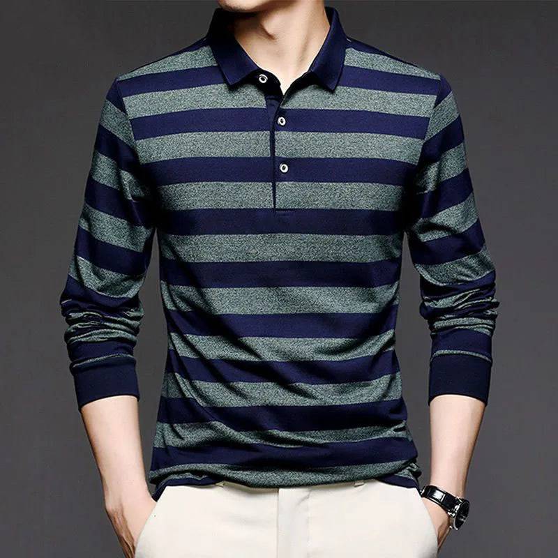 Men Striped Polo Shirts Long Sleeve Business Basic Casual Loose Tops