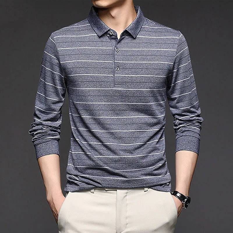 Men Striped Polo Shirts Long Sleeve Business Basic Casual Loose Tops