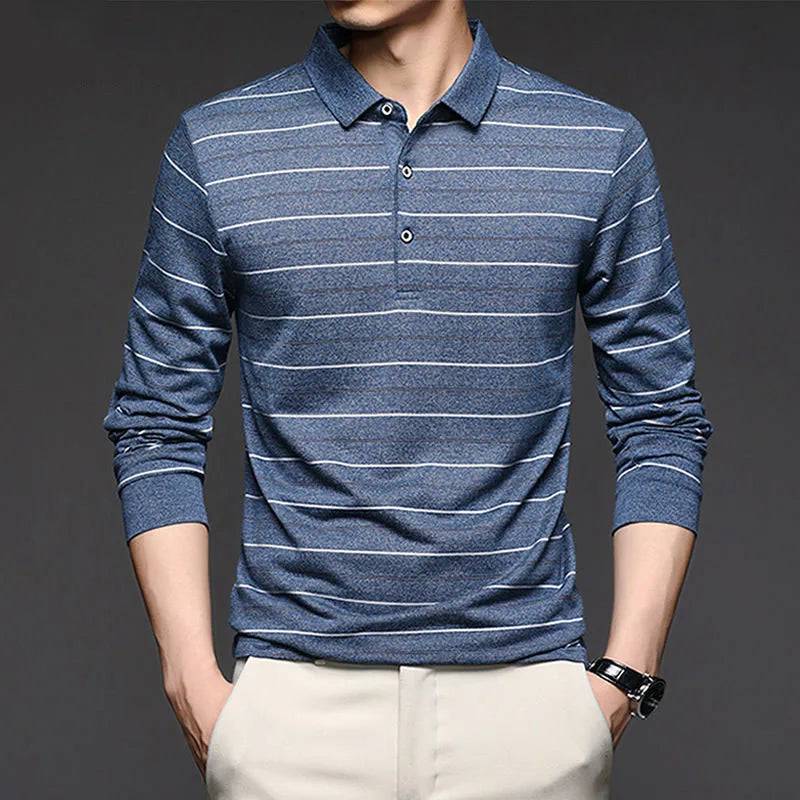 Men Striped Polo Shirts Long Sleeve Business Basic Casual Loose Tops