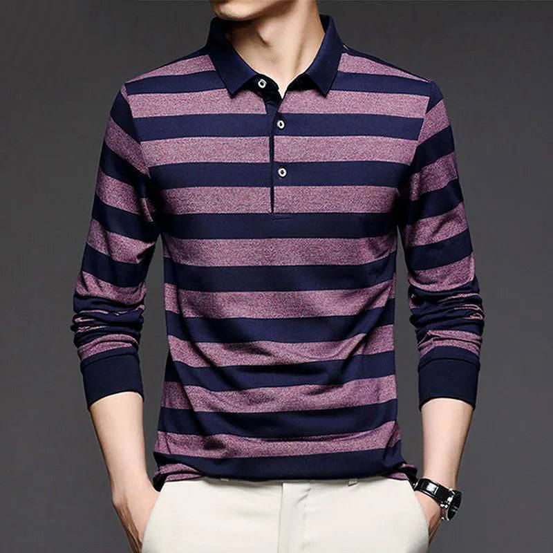 Men Striped Polo Shirts Long Sleeve Business Basic Casual Loose Tops