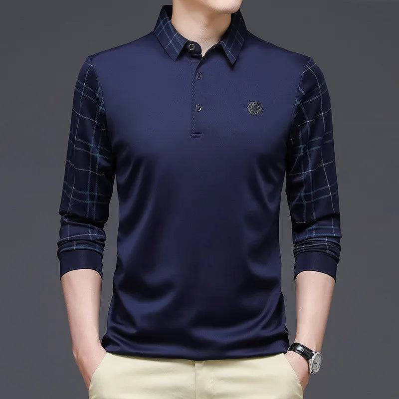 Solid Polo Shirt Men Korean Clothing Long Sleeve Casual Fit Slim Man Polo Shirt Button Collar Tops