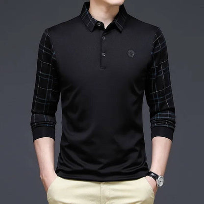 Solid Polo Shirt Men Korean Clothing Long Sleeve Casual Fit Slim Man Polo Shirt Button Collar Tops