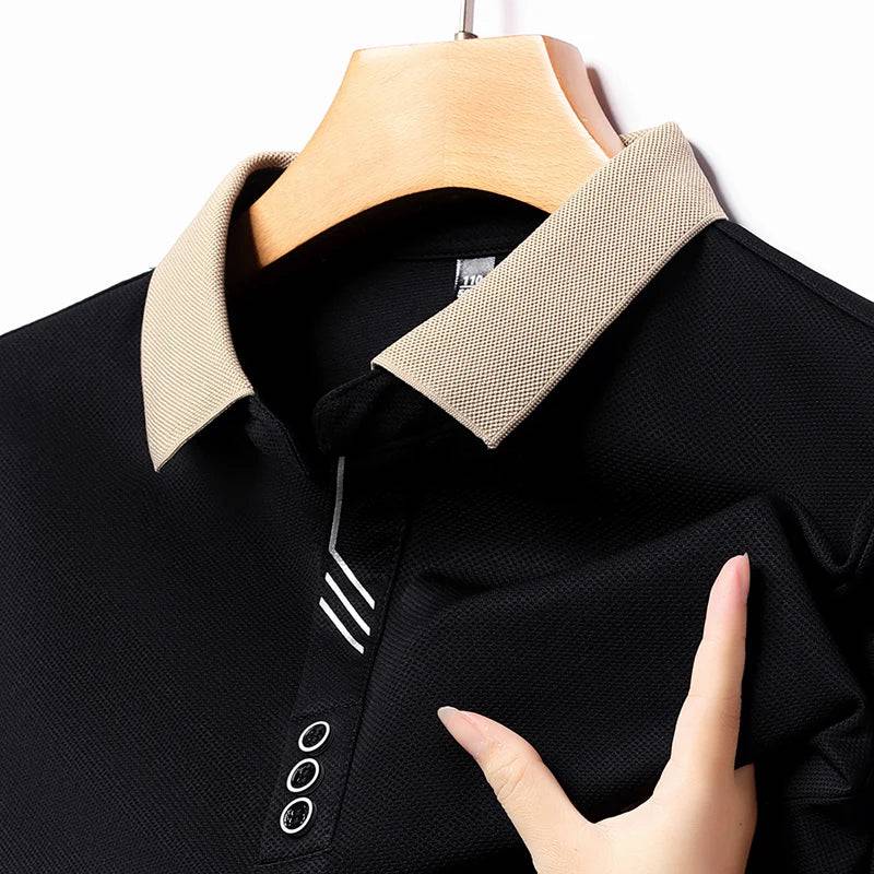 Men's Long-sleeved Polo Shirt  Business Casual Top Classic Solid Color