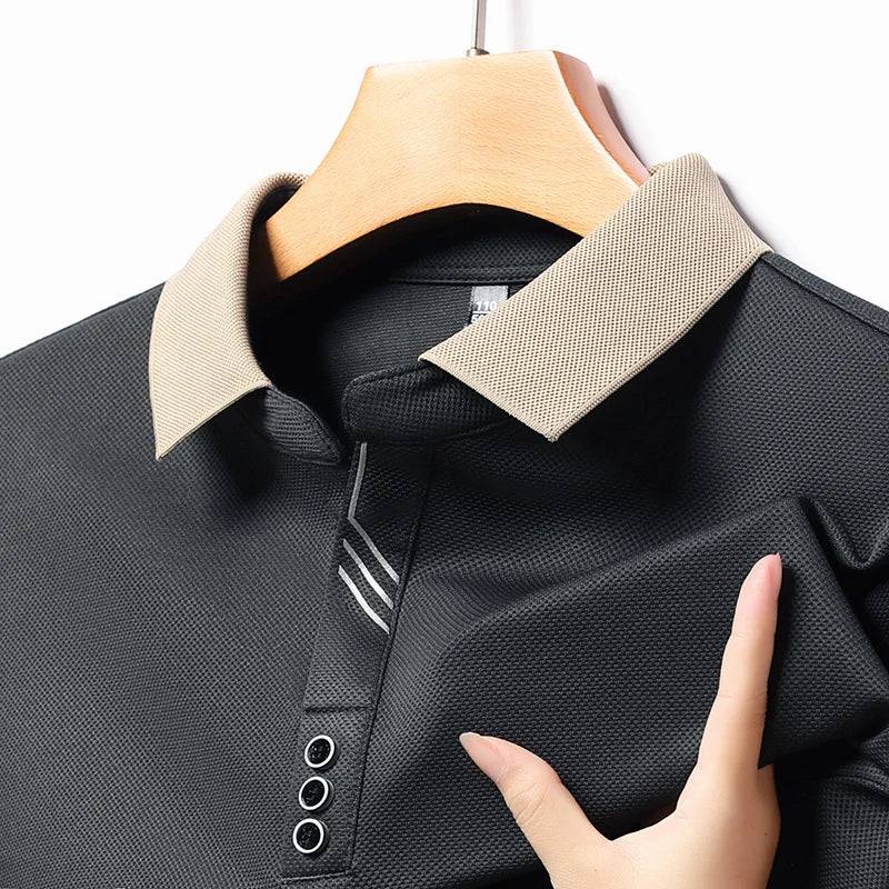 Men's Long-sleeved Polo Shirt  Business Casual Top Classic Solid Color