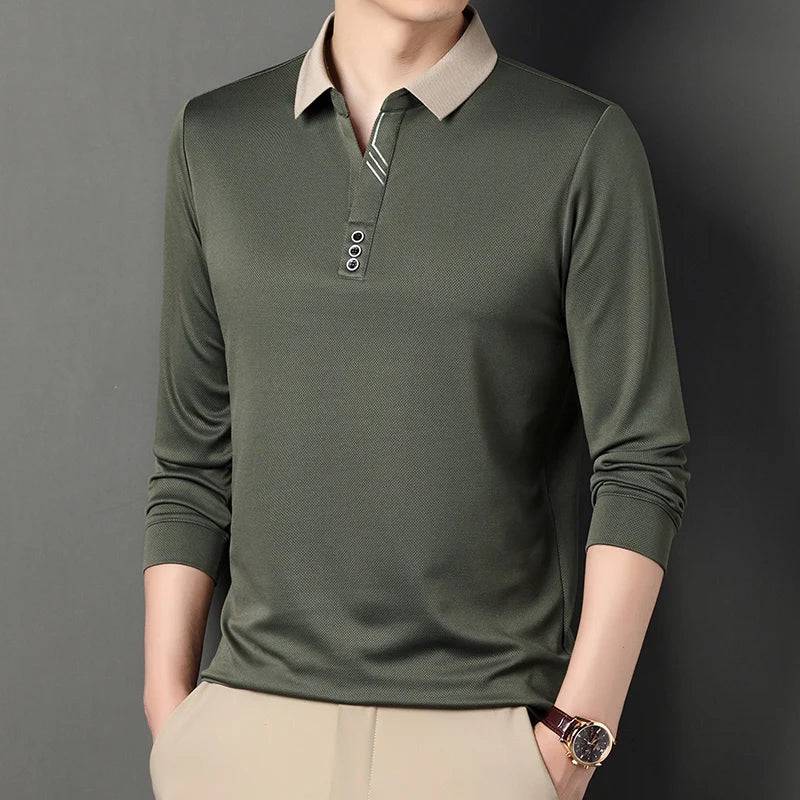 Men's Long-sleeved Polo Shirt  Business Casual Top Classic Solid Color