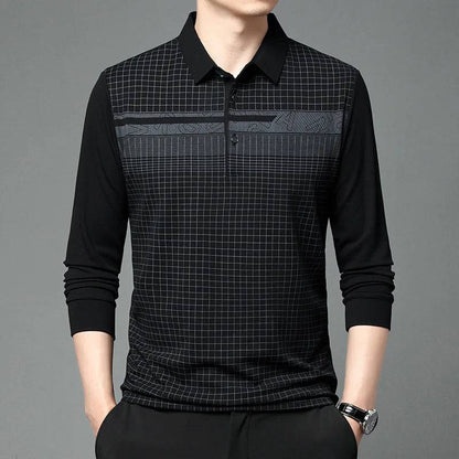 Men's Polo Collar Pullover Plaid Stripe Long Sleeve T-shirt