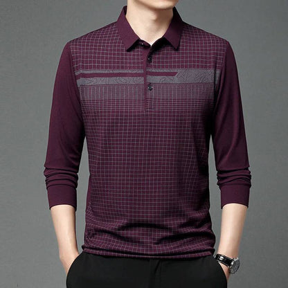 Men's Polo Collar Pullover Plaid Stripe Long Sleeve T-shirt