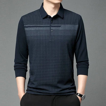 Men's Polo Collar Pullover Plaid Stripe Long Sleeve T-shirt