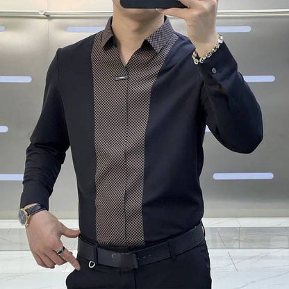 Business Office Casual Spliced Polo-Neck Shirt for Men Spring Autumn Slim Long Sleeve Pullovers Tops