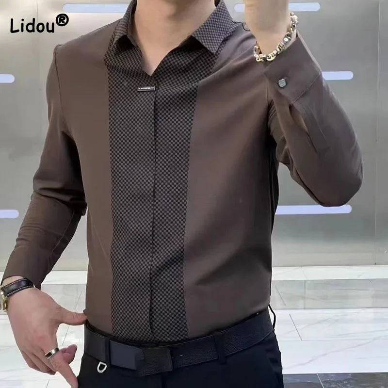 Business Office Casual Spliced Polo-Neck Shirt for Men Spring Autumn Slim Long Sleeve Pullovers Tops