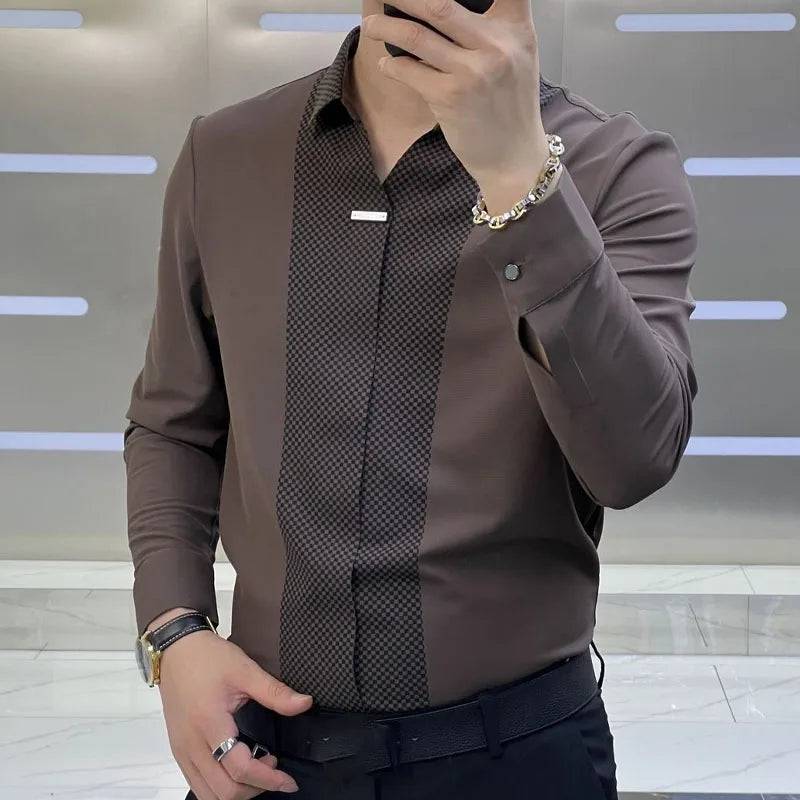 Business Office Casual Spliced Polo-Neck Shirt for Men Spring Autumn Slim Long Sleeve Pullovers Tops