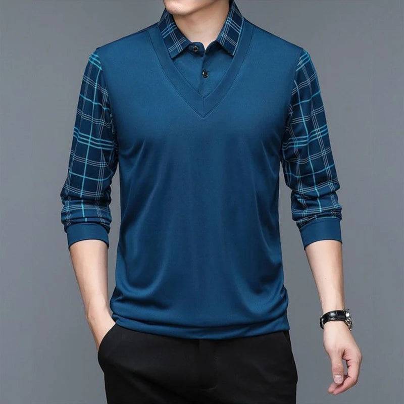 Men's Long Sleeve  polo shirt Lapel Loose Stripe Bottom