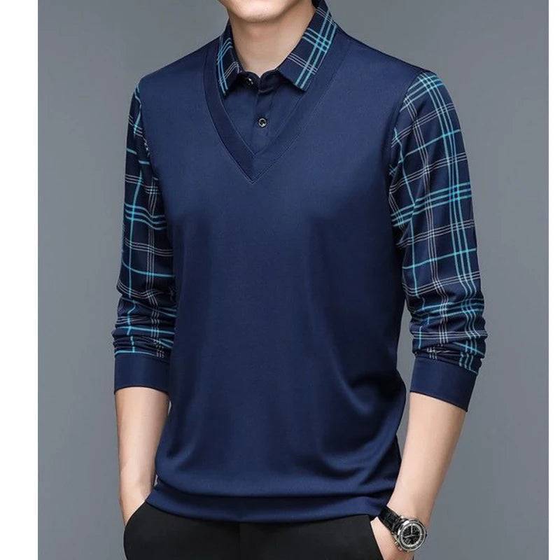 Men's Long Sleeve  polo shirt Lapel Loose Stripe Bottom