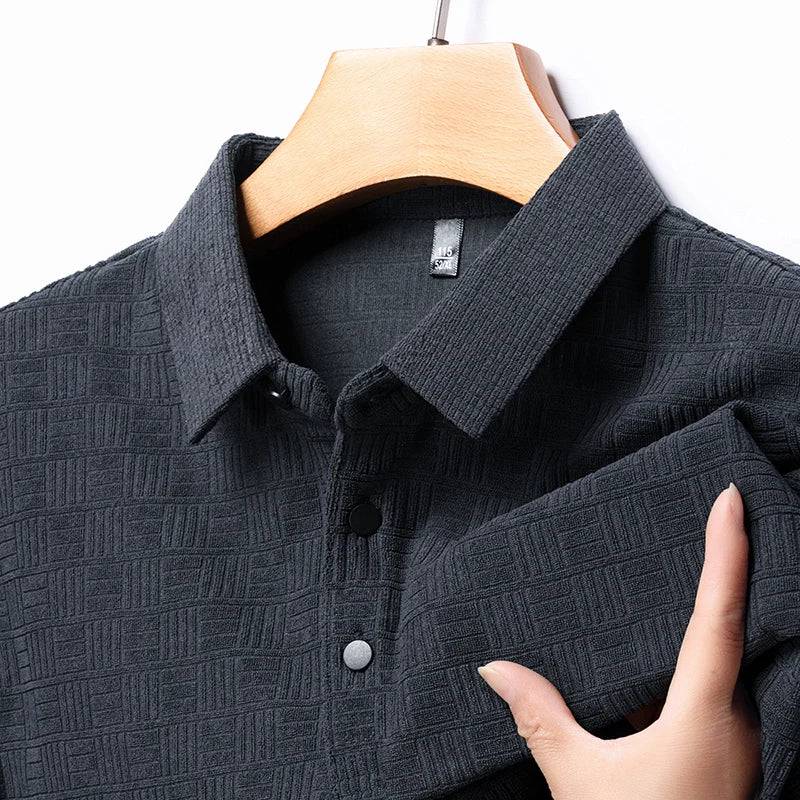 Long Sleeve Cotton Linen Plaid Polo Shirt Men's