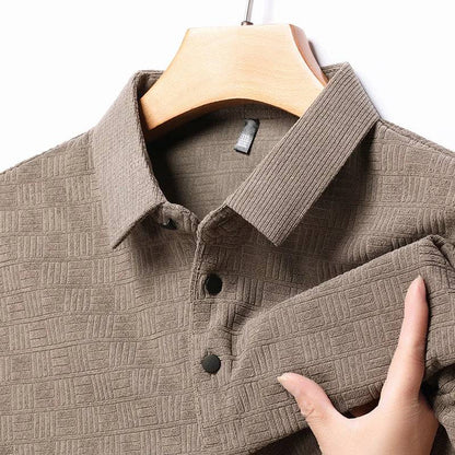 Long Sleeve Cotton Linen Plaid Polo Shirt Men's