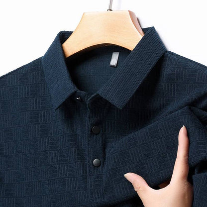 Long Sleeve Cotton Linen Plaid Polo Shirt Men's