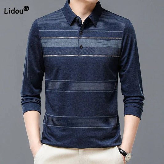 Casual Striped Polo-Neck T-shirt Long Sleeve