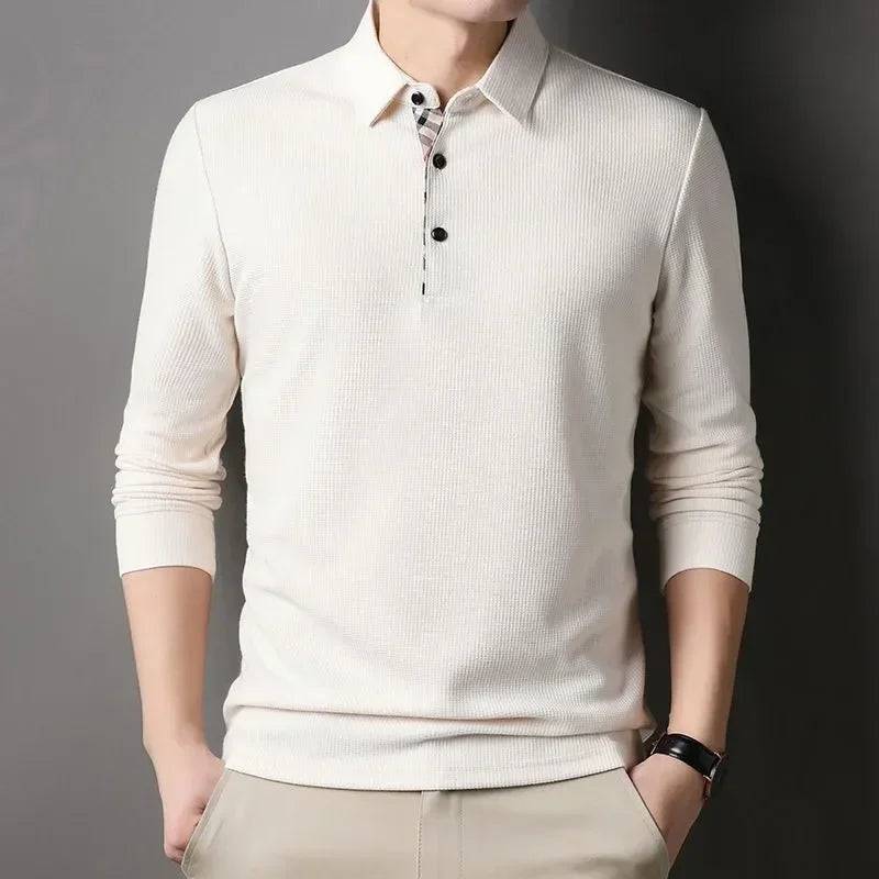 Men Long Sleeve Lapel Plaid Business Polo Shirts