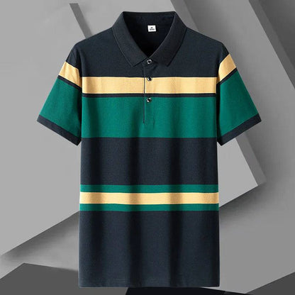 Men Classic Striped Cotton Short-Sleeved Business Casual Polo Shirt