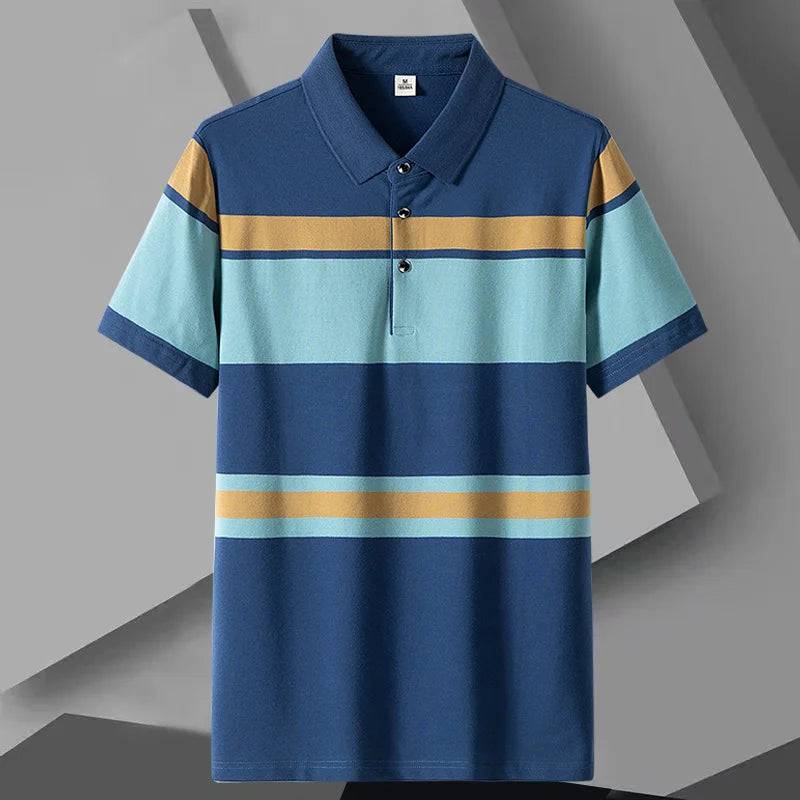 Men Classic Striped Cotton Short-Sleeved Business Casual Polo Shirt