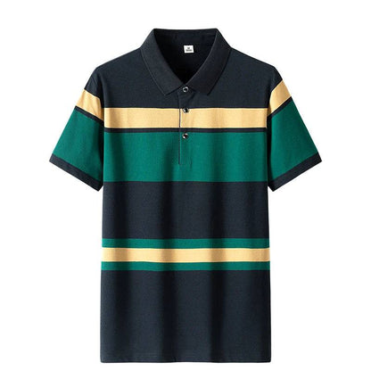 Men Classic Striped Cotton Short-Sleeved Business Casual Polo Shirt