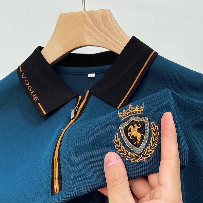 Men business casual embroidery long sleeved polo shirt