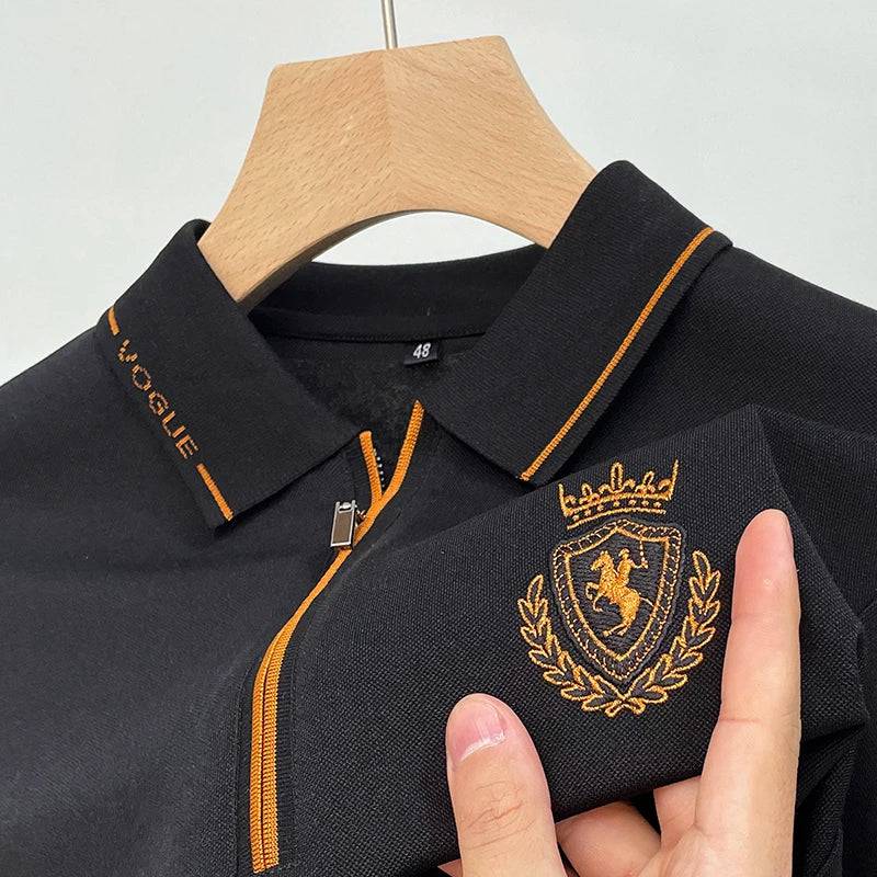 Men business casual embroidery long sleeved polo shirt