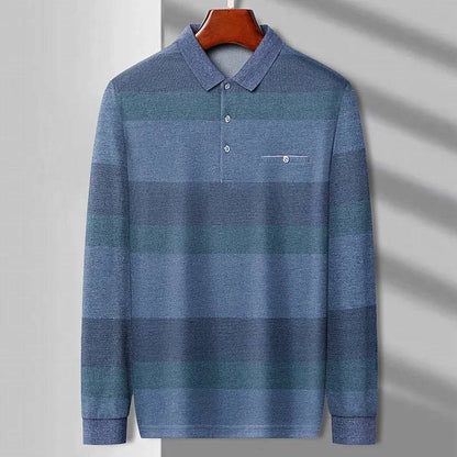 Men's Casual Stripe Plaid Long Sleeve Polo Shirt Solid Polo Top