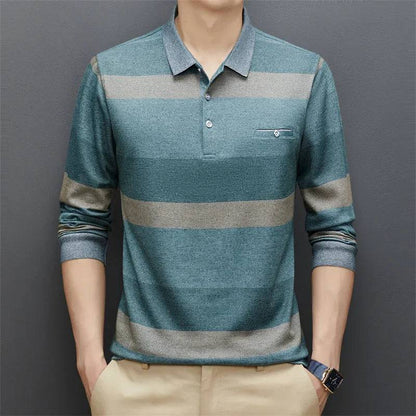 Men's Casual Stripe Plaid Long Sleeve Polo Shirt Solid Polo Top