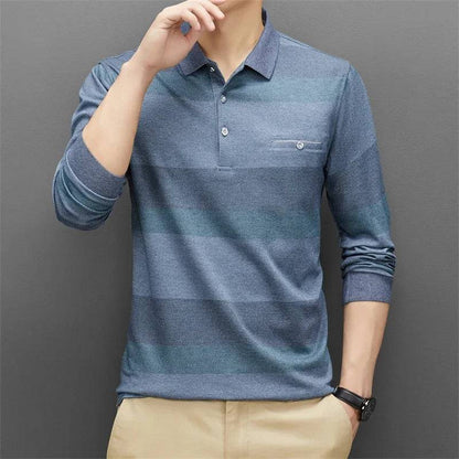 Men's Casual Stripe Plaid Long Sleeve Polo Shirt Solid Polo Top