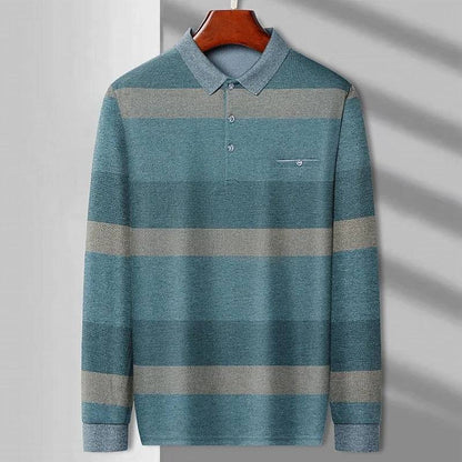 Men's Casual Stripe Plaid Long Sleeve Polo Shirt Solid Polo Top