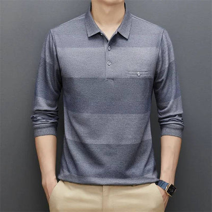 Men's Casual Stripe Plaid Long Sleeve Polo Shirt Solid Polo Top