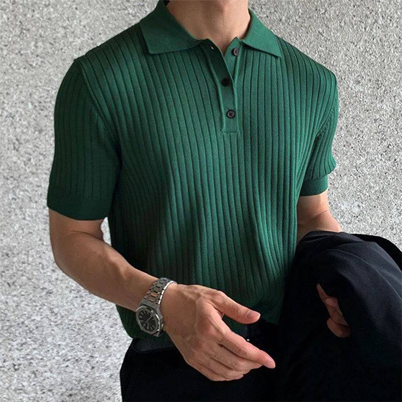 Men's Clothing Retro Knit Lapel Striped Polo Shirt Short Sleeve Knitwear